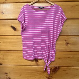 LRL Ralph Lauren Top Women Large Pink White Stripe Tie Tee Shirt Cap Sleeve